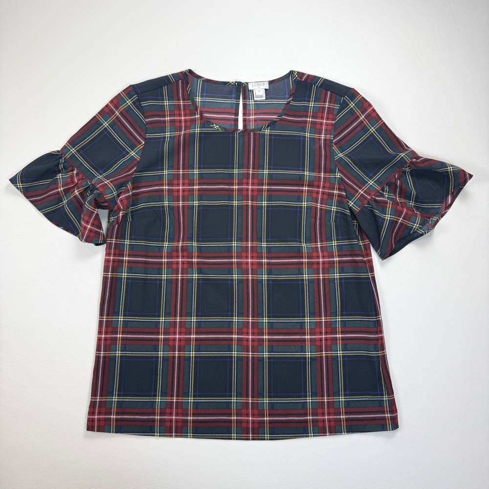 J.Crew Stewart Plaid Ruffle Bell Sleeve Blouse Top H2265 Navy Red XS